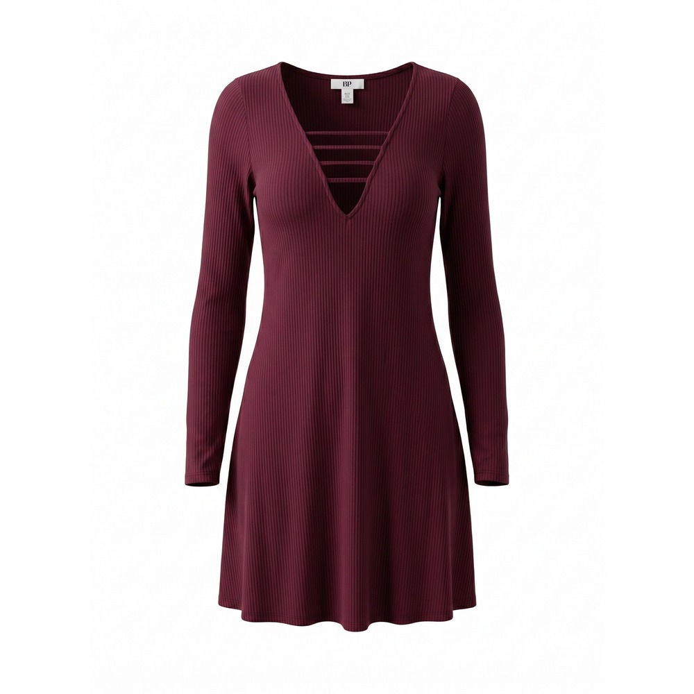 BP‎ Nordstrom Red Tannin Rib Knit Strappy V-Neck Long Sleeve Dress XXS NWT